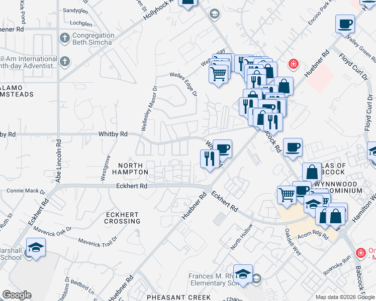 map of restaurants, bars, coffee shops, grocery stores, and more near 8502 Pecan Cross in San Antonio