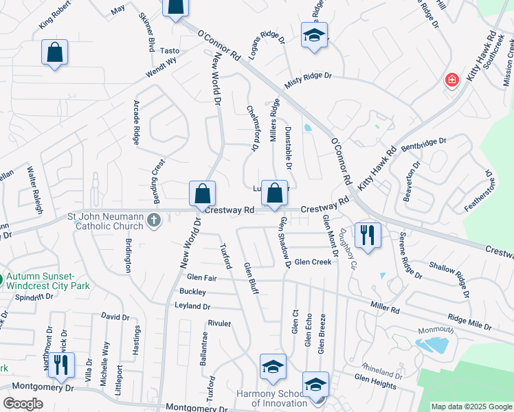 map of restaurants, bars, coffee shops, grocery stores, and more near 6975 Crestway Road in San Antonio