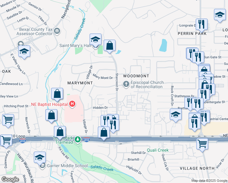 map of restaurants, bars, coffee shops, grocery stores, and more near 3636 Granby Court in San Antonio