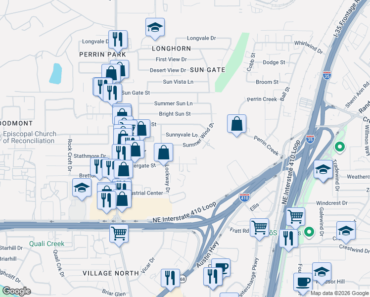 map of restaurants, bars, coffee shops, grocery stores, and more near 4430 Summer Wind Street in San Antonio