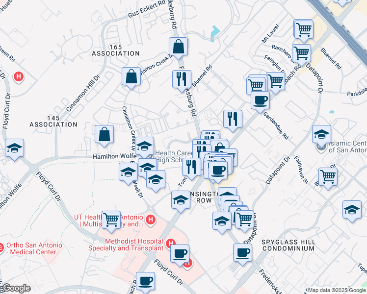 map of restaurants, bars, coffee shops, grocery stores, and more near 8637 Fredericksburg Road in San Antonio