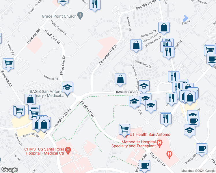 map of restaurants, bars, coffee shops, grocery stores, and more near 4949 Hamilton Wolfe Road in San Antonio