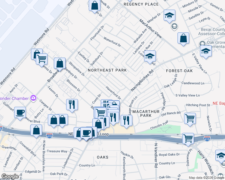 map of restaurants, bars, coffee shops, grocery stores, and more near 354 Haverford Drive in San Antonio