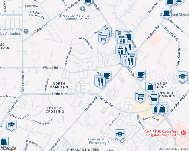 map of restaurants, bars, coffee shops, grocery stores, and more near 5996 Whitby Road in San Antonio