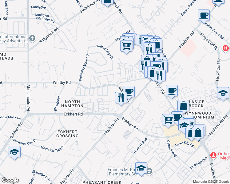 map of restaurants, bars, coffee shops, grocery stores, and more near 5996 Whitby Road in San Antonio
