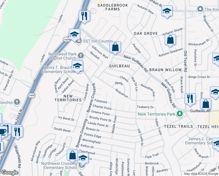 map of restaurants, bars, coffee shops, grocery stores, and more near 8235 Brushy Point Street in San Antonio