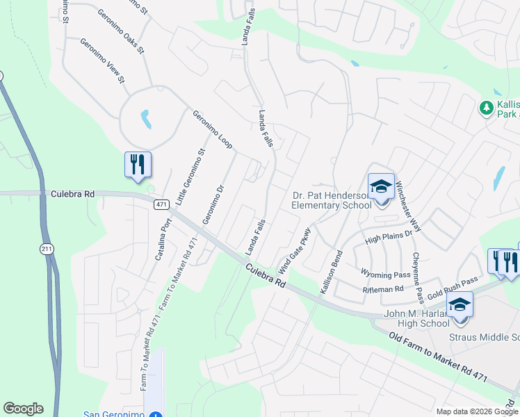 map of restaurants, bars, coffee shops, grocery stores, and more near 8553 Norias Wheel in San Antonio