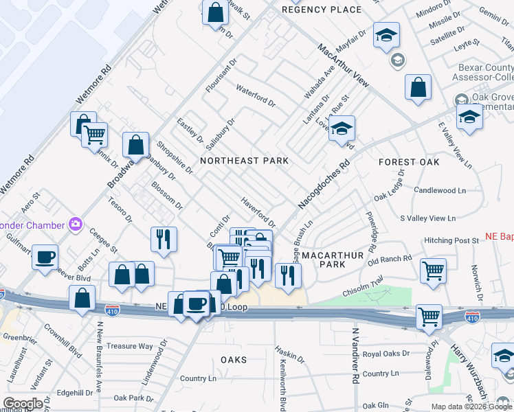 map of restaurants, bars, coffee shops, grocery stores, and more near 354 Haverford Drive in San Antonio