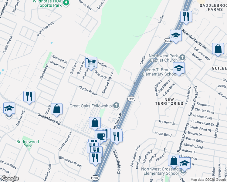 map of restaurants, bars, coffee shops, grocery stores, and more near 8726 Fischer Falls in San Antonio