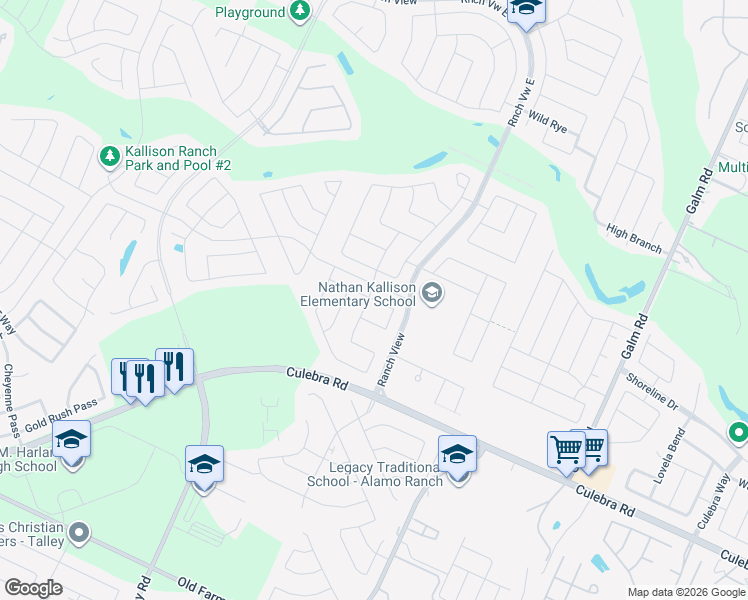 map of restaurants, bars, coffee shops, grocery stores, and more near 13729 Normande Bell in San Antonio