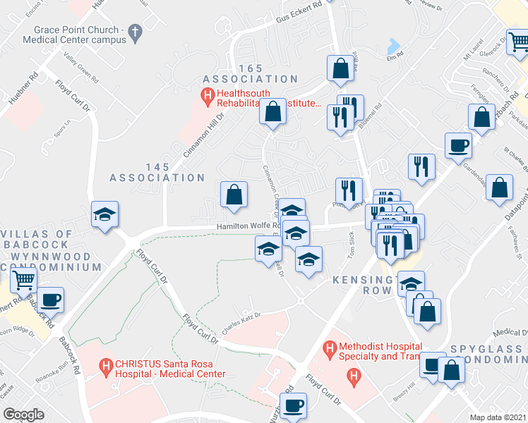 map of restaurants, bars, coffee shops, grocery stores, and more near 8601 Cinnamon Creek Drive in San Antonio