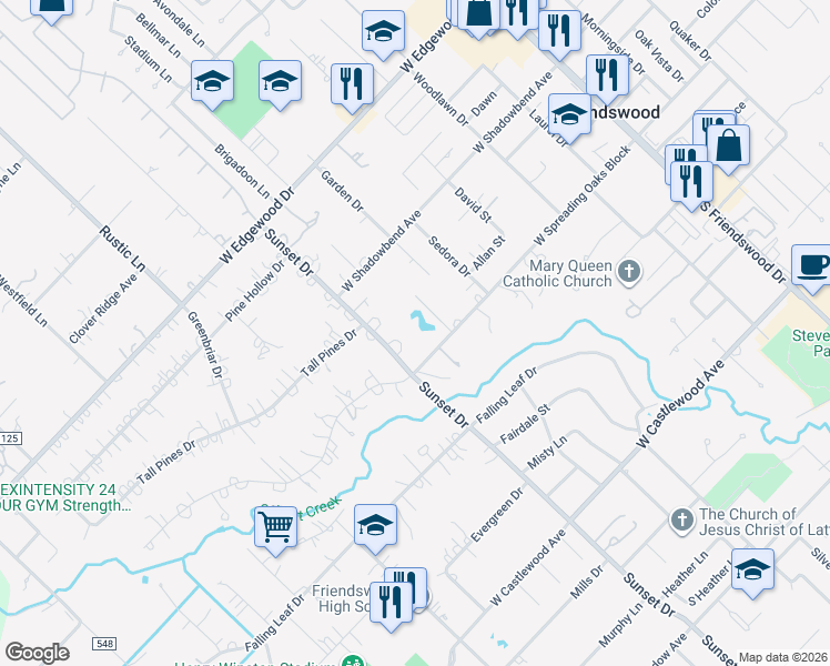 map of restaurants, bars, coffee shops, grocery stores, and more near 403 Sunset Drive in Friendswood