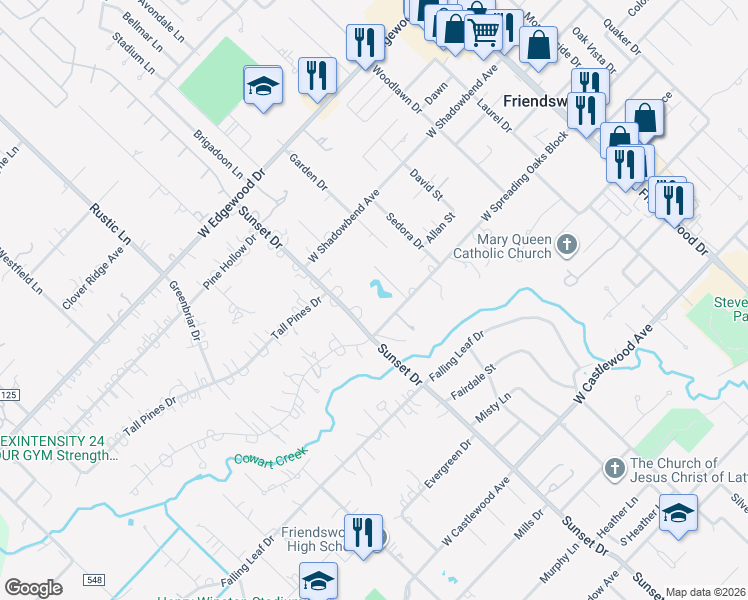 map of restaurants, bars, coffee shops, grocery stores, and more near 403 Sunset Drive in Friendswood