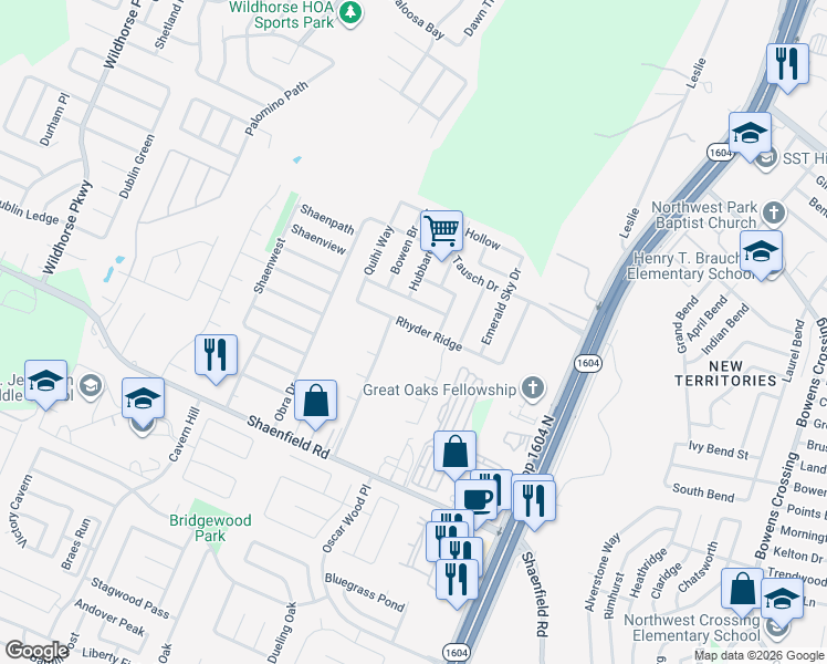 map of restaurants, bars, coffee shops, grocery stores, and more near 10426 Rhyder Ridge in San Antonio