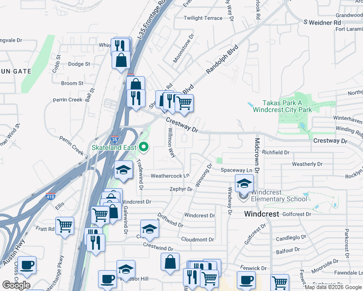 map of restaurants, bars, coffee shops, grocery stores, and more near 5218 Metcalf in San Antonio