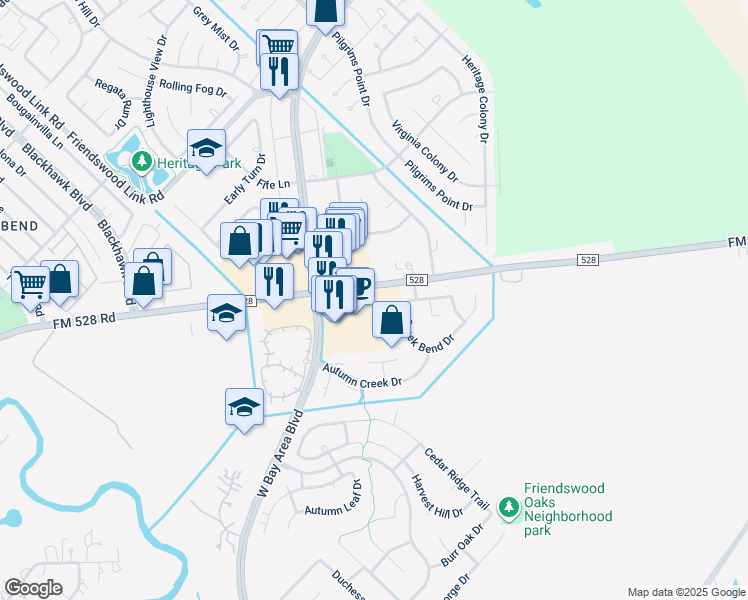 map of restaurants, bars, coffee shops, grocery stores, and more near 3135 FM 528 Road in Friendswood