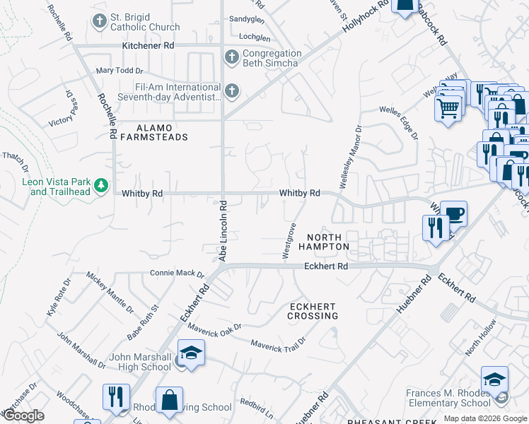 map of restaurants, bars, coffee shops, grocery stores, and more near 8603 Berrywest Court in San Antonio