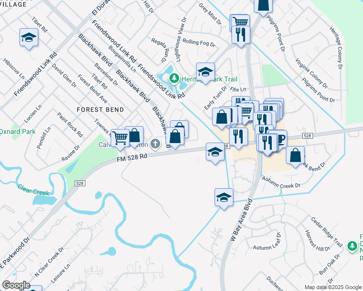 map of restaurants, bars, coffee shops, grocery stores, and more near 3528 FM 528 Road in Friendswood