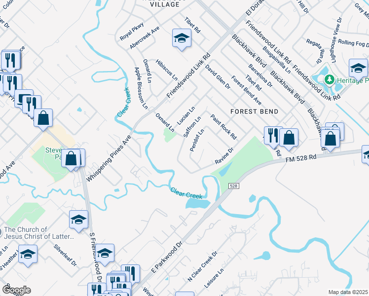 map of restaurants, bars, coffee shops, grocery stores, and more near 4415 Saffron Lane in Friendswood