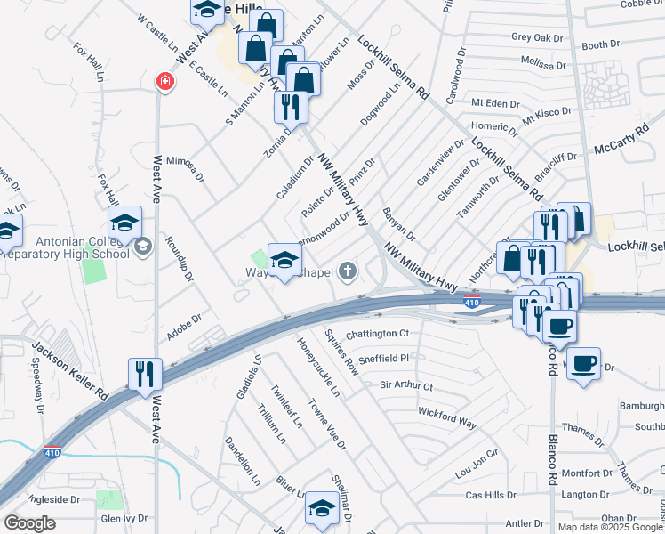 map of restaurants, bars, coffee shops, grocery stores, and more near 1705 Northwest Loop 410 in San Antonio