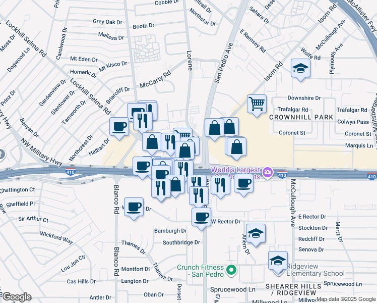 map of restaurants, bars, coffee shops, grocery stores, and more near 601 Northwest Loop 410 in San Antonio