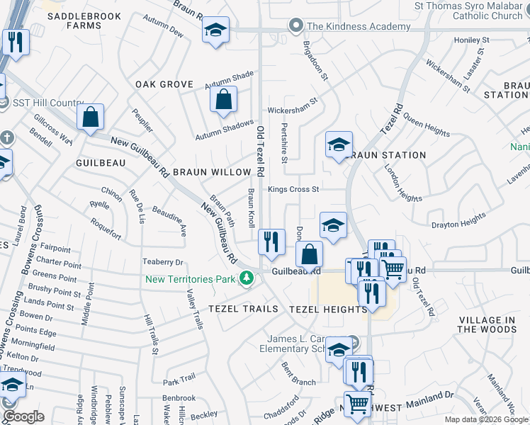 map of restaurants, bars, coffee shops, grocery stores, and more near 8523 Pendragon Street in San Antonio