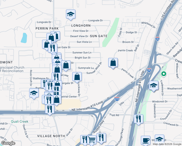 map of restaurants, bars, coffee shops, grocery stores, and more near 4519 Summer Wind Street in San Antonio