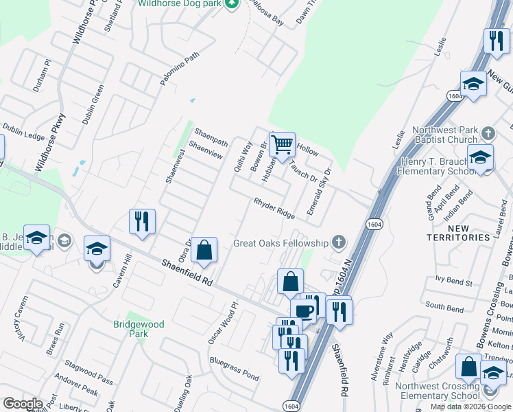 map of restaurants, bars, coffee shops, grocery stores, and more near 10426 Rhyder Ridge in San Antonio