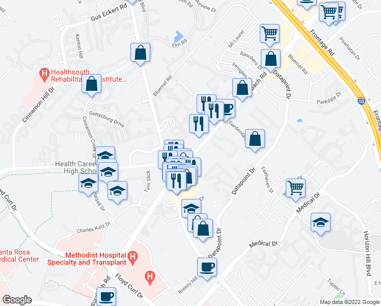 map of restaurants, bars, coffee shops, grocery stores, and more near 8607 Wurzbach Road in San Antonio