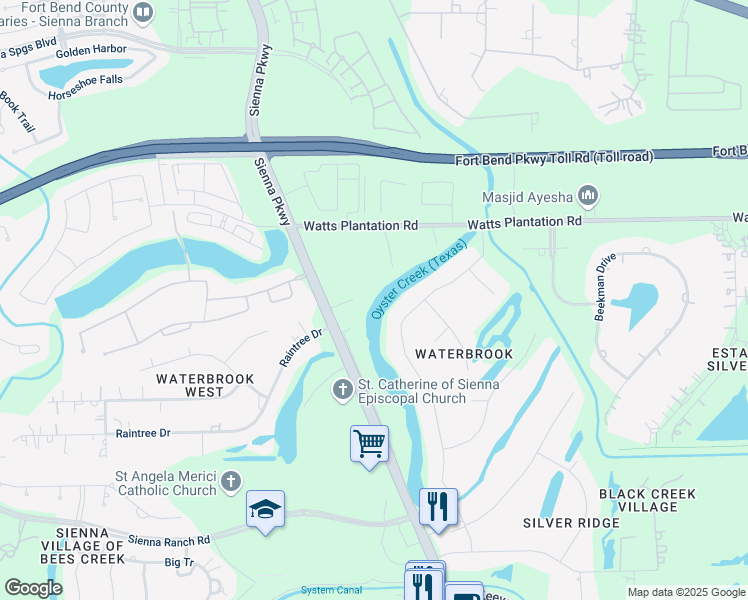 map of restaurants, bars, coffee shops, grocery stores, and more near 4911 Diamond Springs Drive in Missouri City