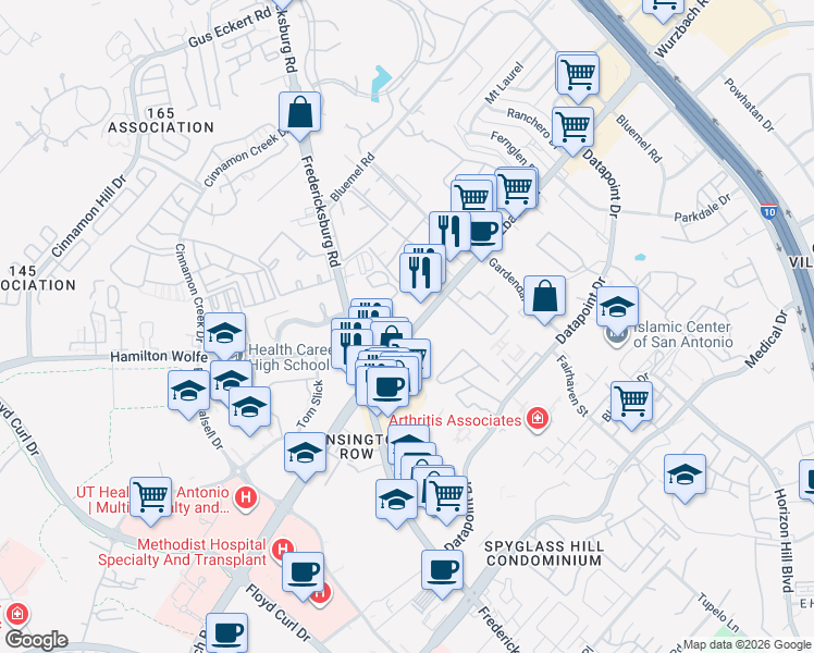 map of restaurants, bars, coffee shops, grocery stores, and more near 8542 Wurzbach Road in San Antonio