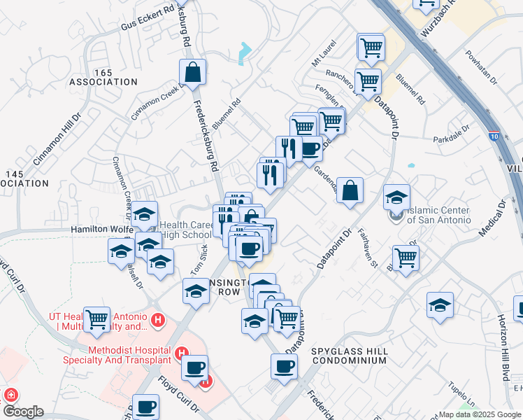 map of restaurants, bars, coffee shops, grocery stores, and more near 8542 Wurzbach Road in San Antonio