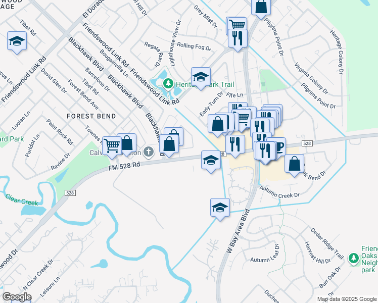 map of restaurants, bars, coffee shops, grocery stores, and more near 3528 FM 528 Road in Friendswood