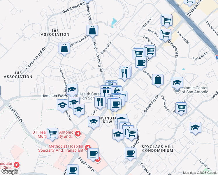 map of restaurants, bars, coffee shops, grocery stores, and more near 4502 Hamilton Wolfe Road in San Antonio
