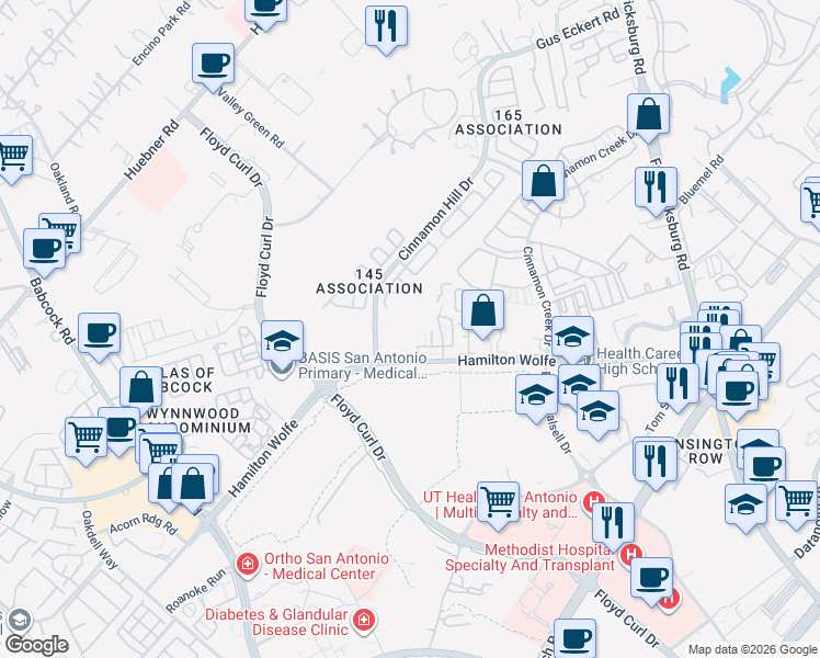 map of restaurants, bars, coffee shops, grocery stores, and more near 4949 Hamilton Wolfe Road in San Antonio