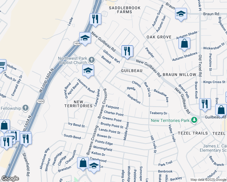 map of restaurants, bars, coffee shops, grocery stores, and more near 8235 Brushy Point Street in San Antonio