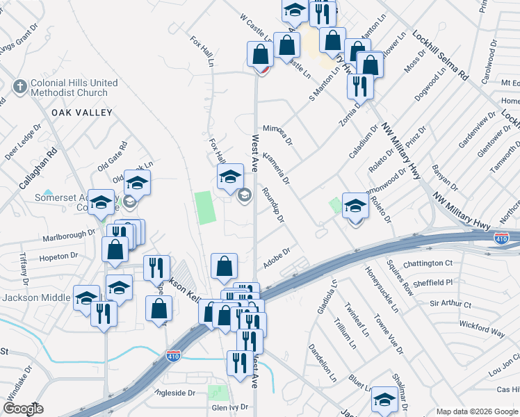 map of restaurants, bars, coffee shops, grocery stores, and more near 100 Castleoaks Drive in San Antonio
