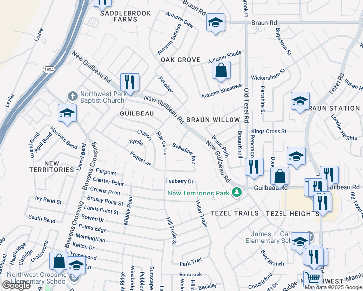 map of restaurants, bars, coffee shops, grocery stores, and more near 8823 Gallaudet Place in San Antonio