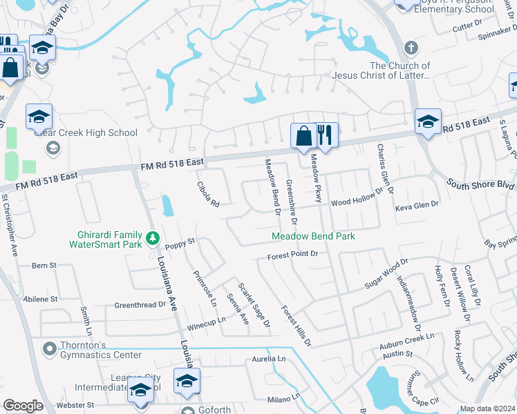 map of restaurants, bars, coffee shops, grocery stores, and more near 2788 Wood Hollow Drive in League City