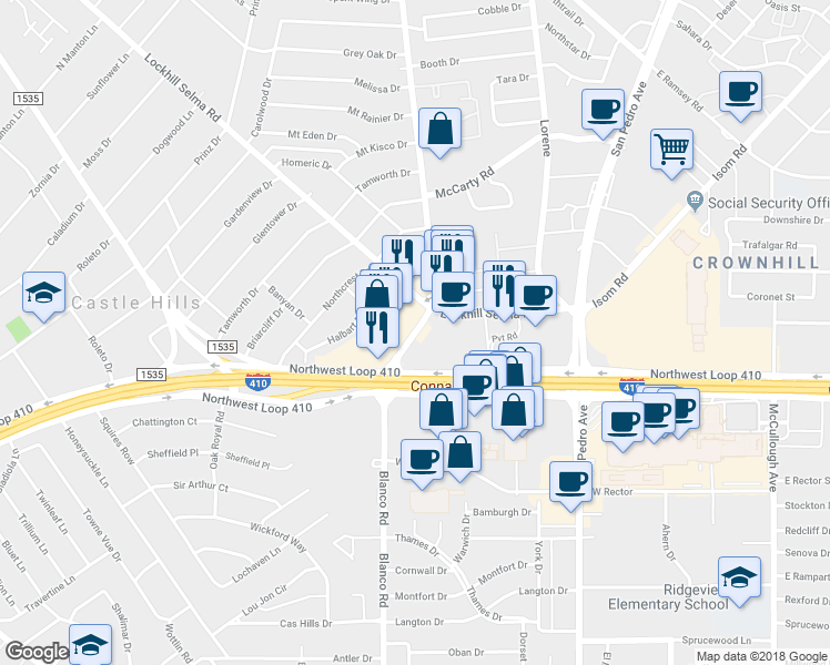 map of restaurants, bars, coffee shops, grocery stores, and more near 7115 Blanco Rd in San Antonio