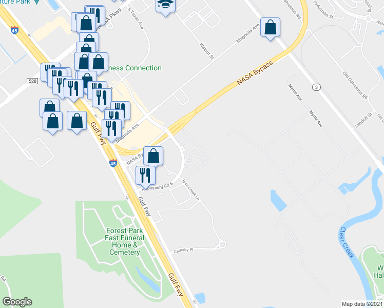 map of restaurants, bars, coffee shops, grocery stores, and more near 901 S Kobayashi Road South in Webster