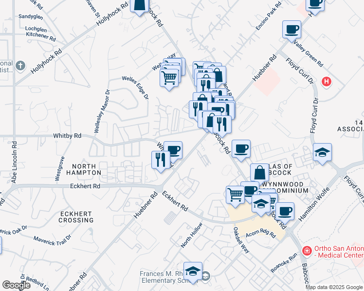 map of restaurants, bars, coffee shops, grocery stores, and more near 8727 Huebner Road in San Antonio