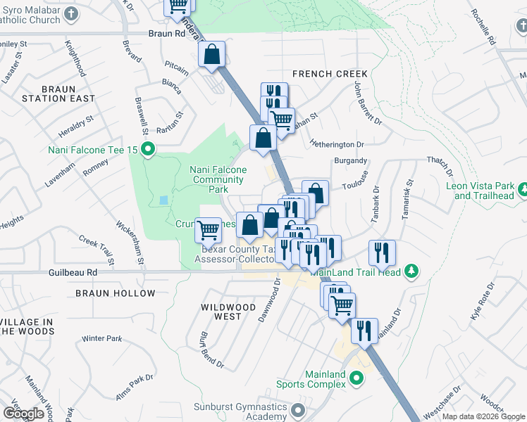 map of restaurants, bars, coffee shops, grocery stores, and more near 8627 Bandera Road in San Antonio