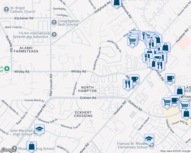 map of restaurants, bars, coffee shops, grocery stores, and more near 8702 Wellesley Manor Drive in San Antonio