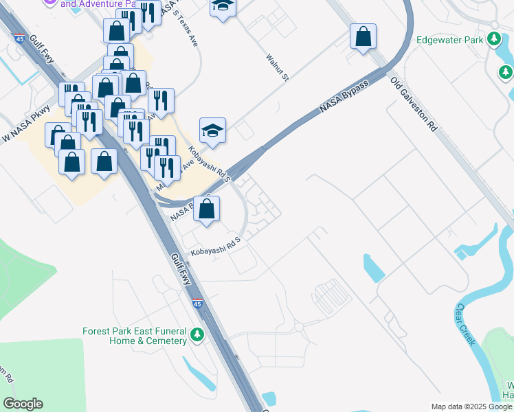 map of restaurants, bars, coffee shops, grocery stores, and more near 901 S Kobayashi Road South in Webster