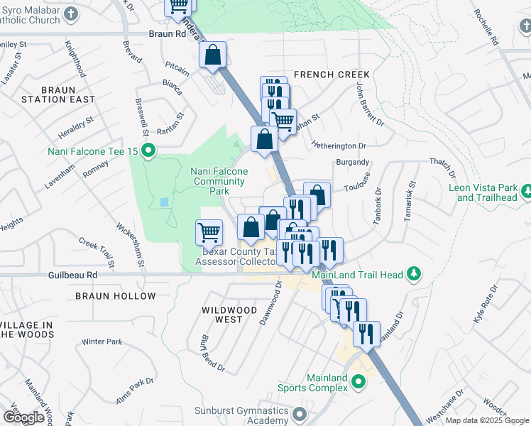 map of restaurants, bars, coffee shops, grocery stores, and more near 8627 Bandera Road in San Antonio