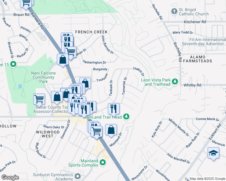 map of restaurants, bars, coffee shops, grocery stores, and more near 8635 Tanbark Drive in San Antonio