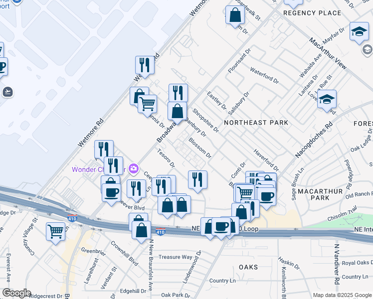 map of restaurants, bars, coffee shops, grocery stores, and more near 9110 Broadway in San Antonio