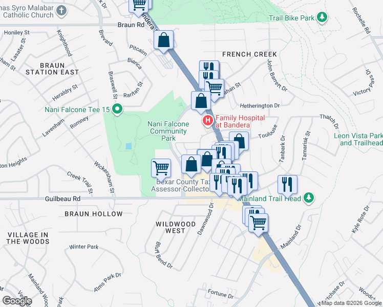 map of restaurants, bars, coffee shops, grocery stores, and more near 86 Kenrock Ridge in San Antonio
