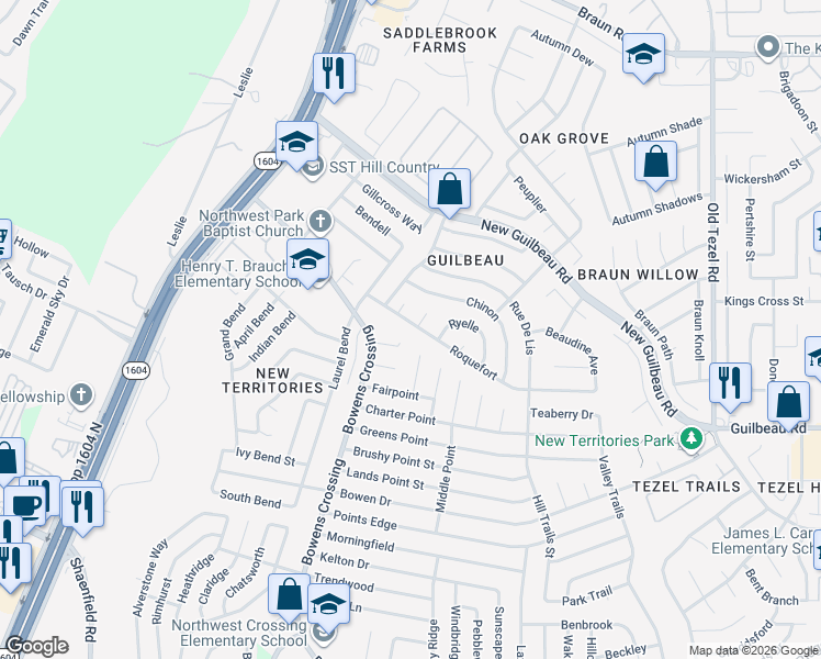 map of restaurants, bars, coffee shops, grocery stores, and more near 9011 Fromage in San Antonio